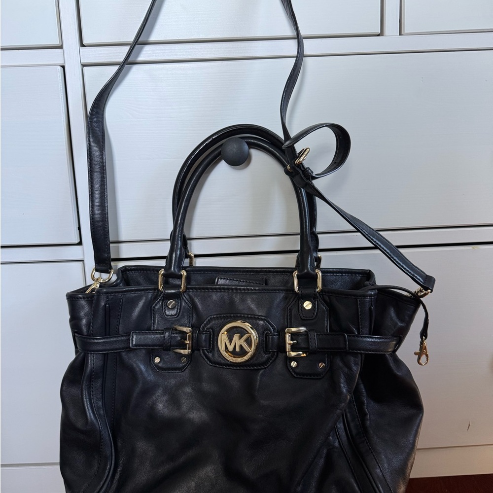 Michael Kors Black Leather Tote with Gold Accents